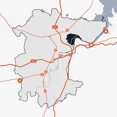 Map of Stockton-on-Tees showing the location of Billingham Riverside and Chemical Complex, Seal Sands and North Tees in relation to the main transport links.