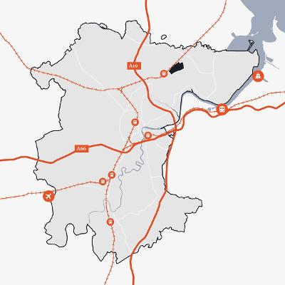 Map of Stockton-on-Tees showing the location of Cowpen Lane Industrial Estate in relation to the main transport links.