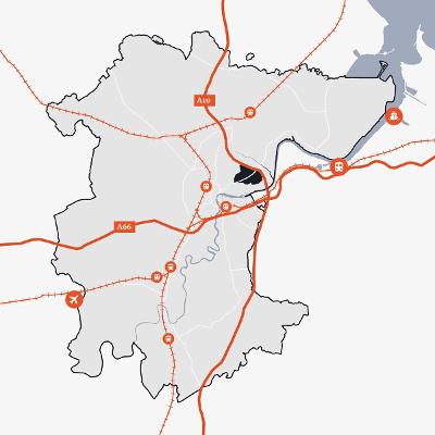 Map of Stockton-on-Tees showing the location of Portrack Lane in relation to the main transport links.