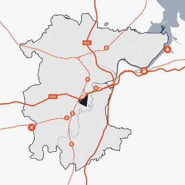 Map of Stockton-on-Tees showing the location of Preston Farm in relation to the main transport links.