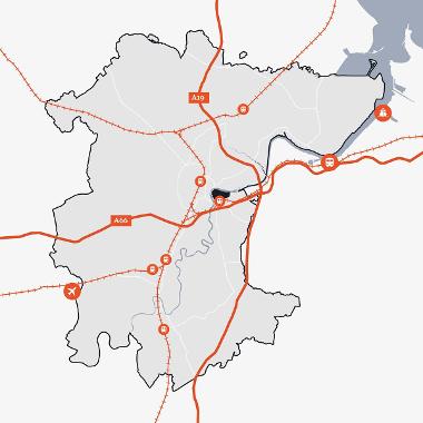 Map of Stockton-on-Tees showing the location of Teesdale Business Park in relation to the main transport links.