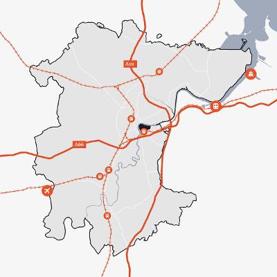 Map of Stockton-on-Tees showing the location of Teesdale Business Park in relation to the main transport links.