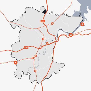 Map of Stockton-on-Tees showing the location of Wynyard Business Park in relation to the main transport links.