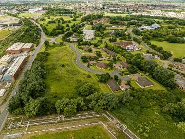 Drone image of Belasis Business Park showing buildings and green space