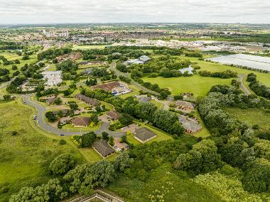 Drone image of Belasis Business Park showing buildings and green space