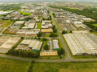 Drone image of Cowpen Lane Industrial Estate showing warehouses and buildings