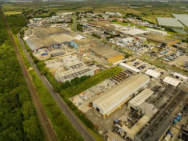 Drone image of Cowpen Lane Industrial Estate showing warehouses and buildings