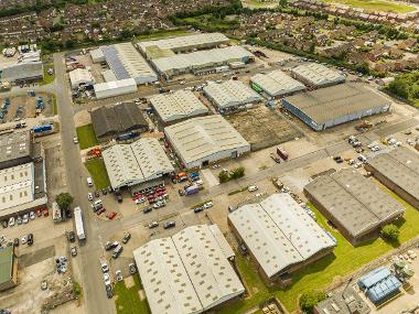 Drone image of Durham Lane Industrial Park showing warehouses