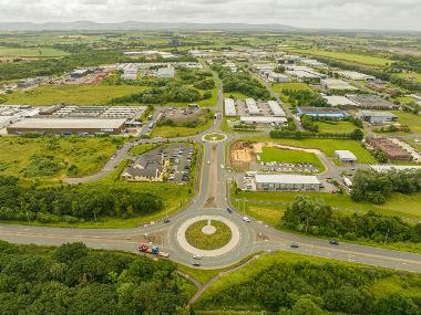 Drone image of Teesdale Industrial Estate showing two roundabouts, warehouses and other buildings