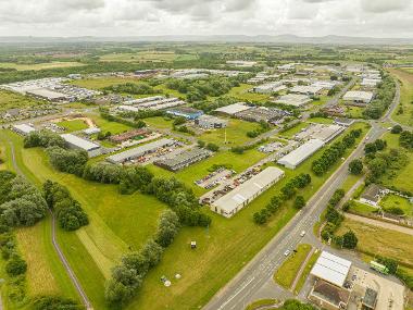 Drone image of Teesdale Industrial Estate showing warehouses and green spaces