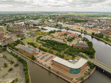 Drone image of Teesdale Business Park showing buildings along the river