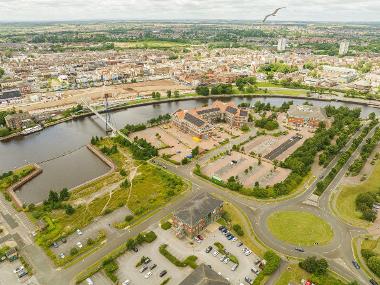 Drone image of Teesdale Business Park showing buildings along the river